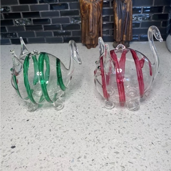 2 Hand-Blown Glass Cats (Made in Italy) Holiday Ornaments Green & Red - Picture 2 of 10